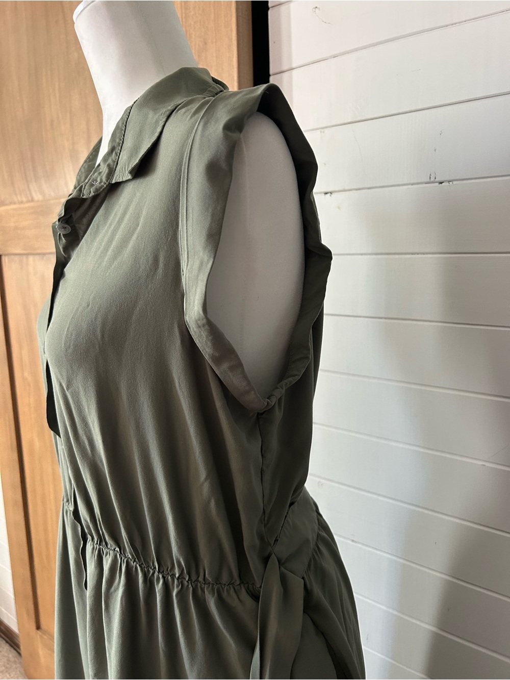 Sz L Banana Republic Sleeveless Olive Midi Shirt Dress button down w/ Waist Tie - Picture 4 of 7